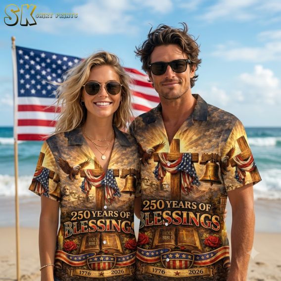 Couple wearing 250th anniversary Hawaiian shirts in multiple color options, featuring cross with American flag, eagle, Liberty Bell, and '250 Years of Blessings 1776-2026' print