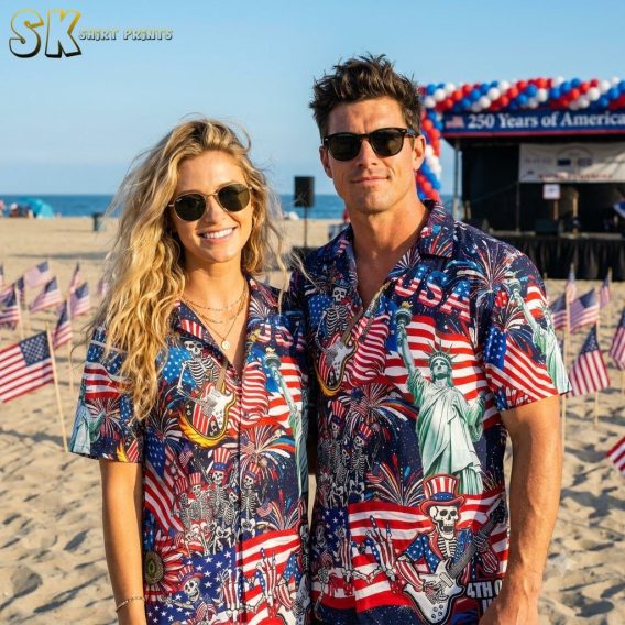 Couple wearing 250th anniversary Hawaiian shirts in multiple color variants, showing patriotic all-over print with Uncle Sam skeletons, fireworks, American flags, and Statue of Liberty
