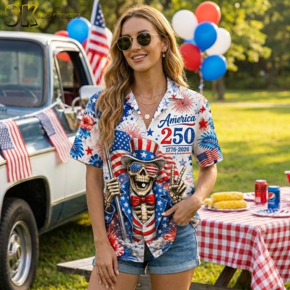 America 250 apparel Hawaiian shirt with skeleton in American flag top hat, stars and stripes pattern, and fireworks print, worn by female model against dynamic background