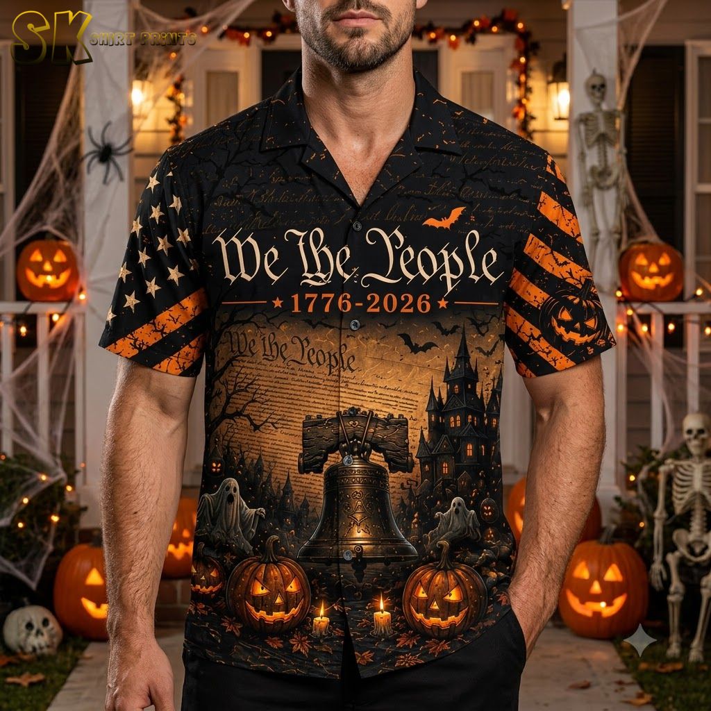 Male model wearing America 250 Hawaiian shirt with Halloween patriotic print, showing jack-o'-lanterns, ghosts, bats, Liberty Bell, and We the People 1776-2026 text in orange and black