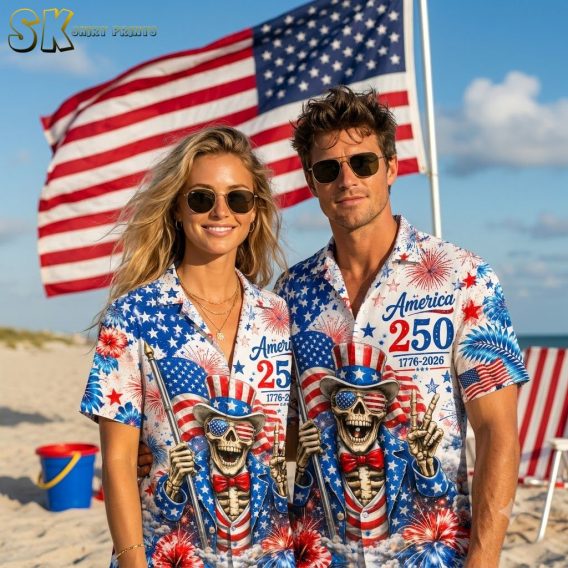 America 250 Hawaiian shirts shown in all available colors on a couple, featuring patriotic skeleton, fireworks, and stars and stripes all-over print with America 250 1776–2026 text