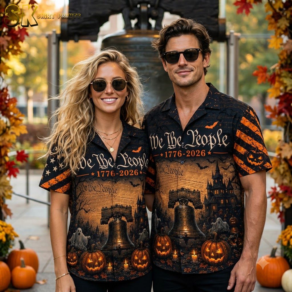 Full collection of America 250 Hawaiian shirts shown on couple, all color variants displayed, featuring Halloween patriotic print with jack-o'-lanterns, Liberty Bell, ghosts, and We the People 1776-2026 text