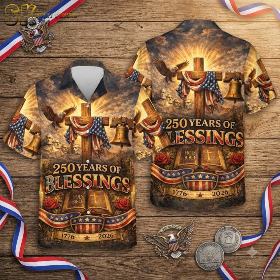 Flat lay of America 250th anniversary Hawaiian shirt displaying full print with cross draped in American flag, eagle, Liberty Bell, Holy Bible with roses, Mount Rushmore, and '250 Years of Blessings 1776-2026' text