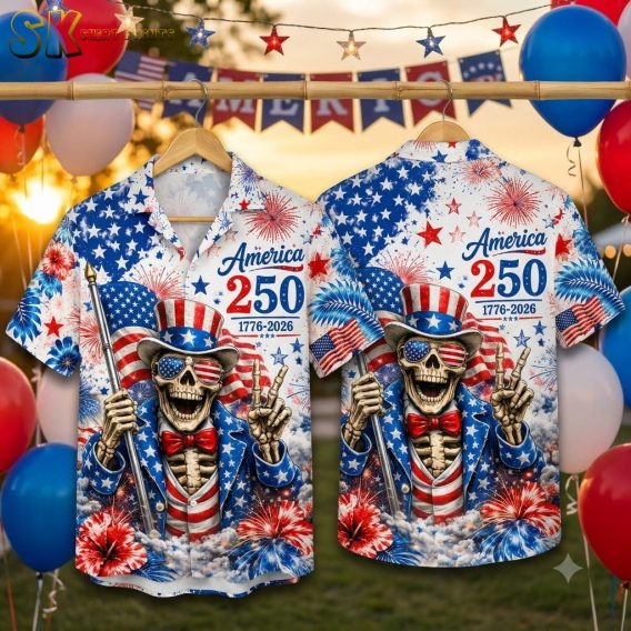 America 250th anniversary Hawaiian shirt featuring a skeleton in a star-spangled blue suit, red and white striped bowtie, and top hat, with fireworks and stars and stripes pattern, displayed on ghost mannequin