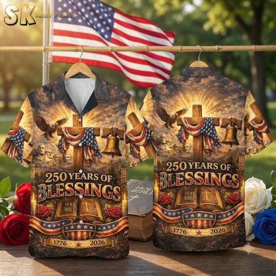 America 250th Hawaiian shirt displayed on ghost mannequin showing cross draped with American flag, eagle, Liberty Bell, Holy Bible, and '250 Years of Blessings 1776-2026' text with Mount Rushmore background