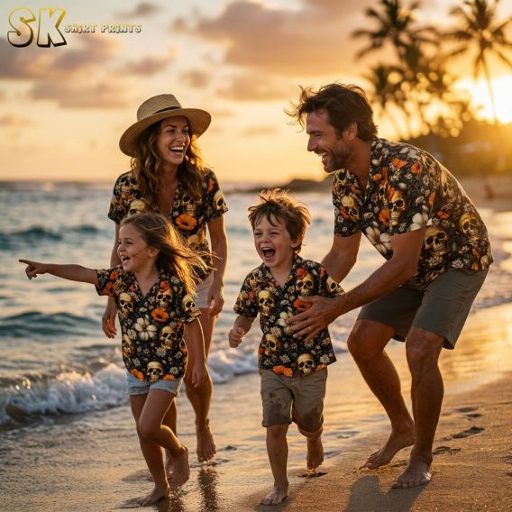 Family wearing matching black skull and orange floral Hawaiian shirts on a golden beach in cinematic lighting