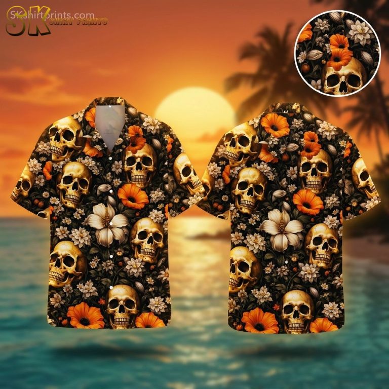 Black Skull and Flower Hawaiian Shirt – Halloween Costume Shirt for Men