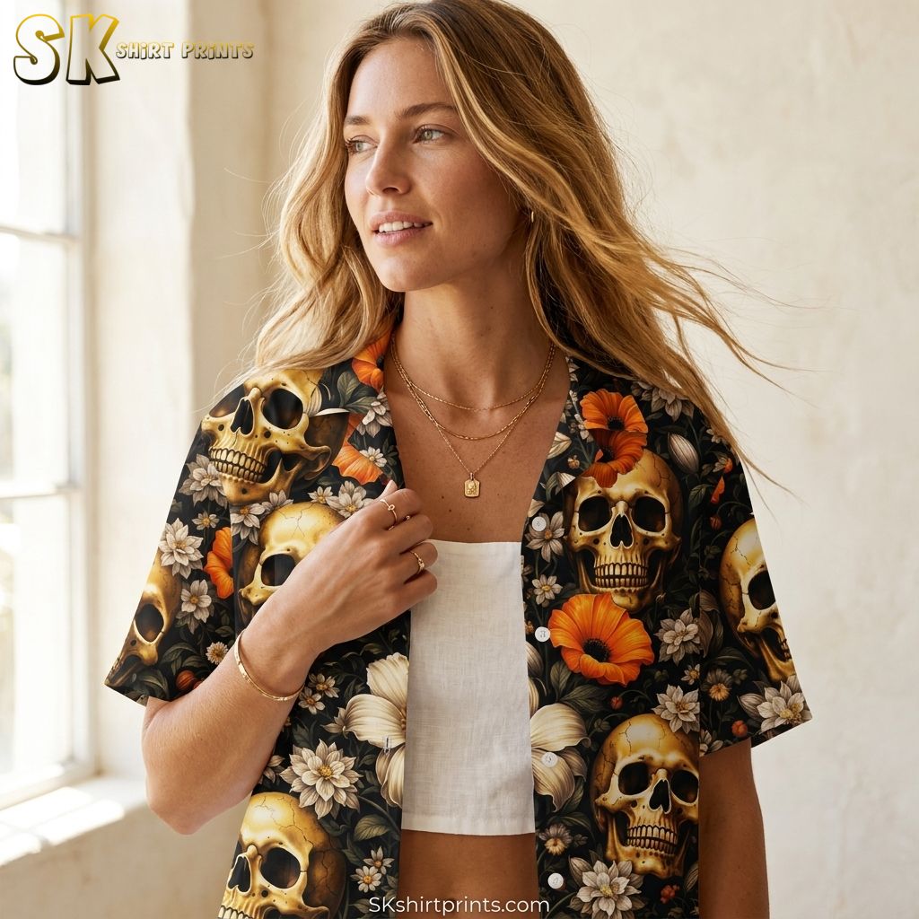 Closeup lifestyle photo of a woman wearing a black Hawaiian shirt with skull and orange flower Halloween print