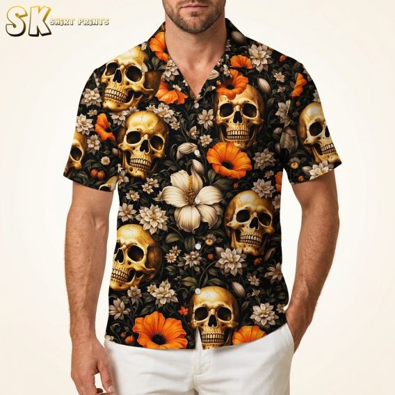 Men's black Hawaiian shirt with skull and orange floral pattern modeled in a studio against a warm white background