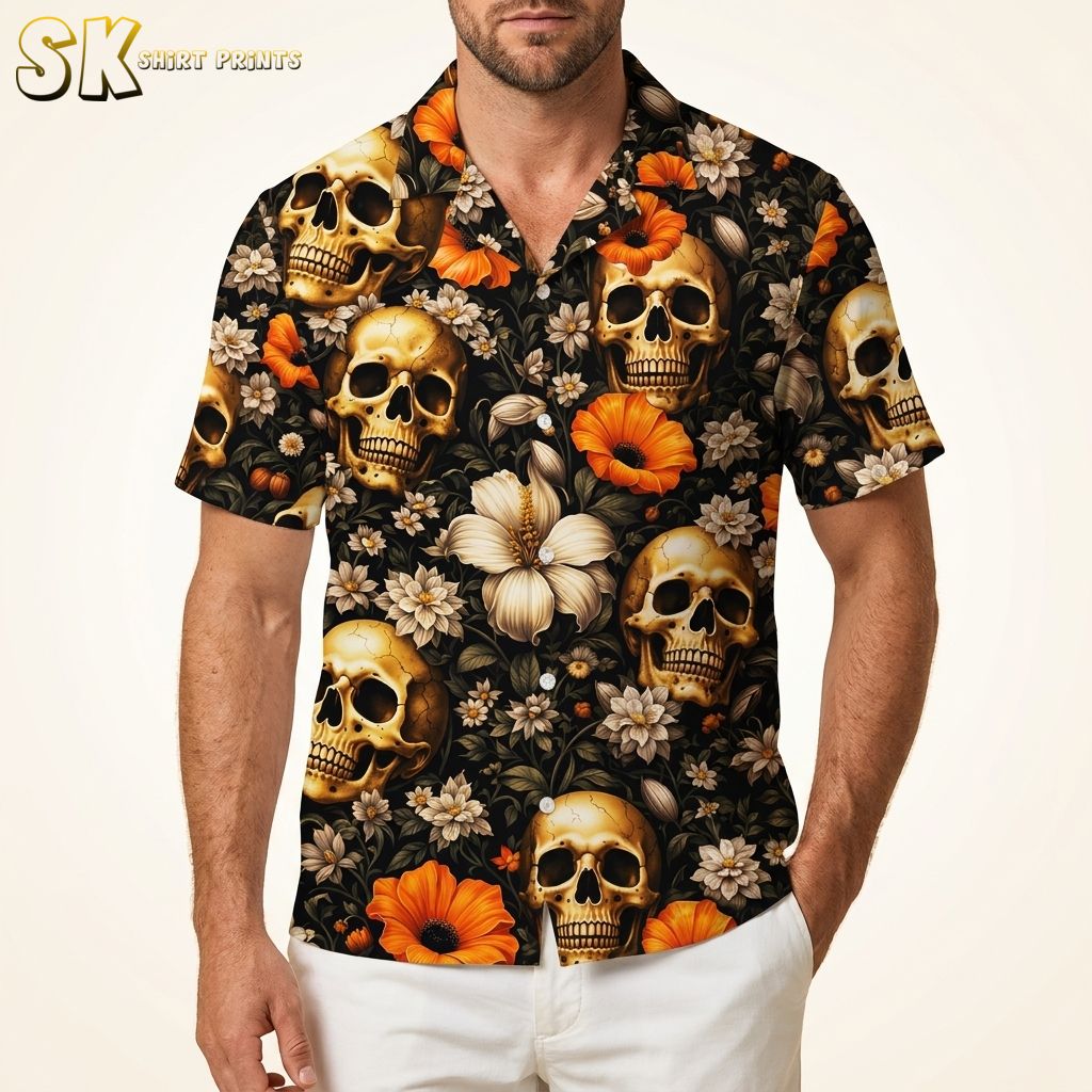 Men's black Hawaiian shirt with skull and orange floral pattern modeled in a studio against a warm white background