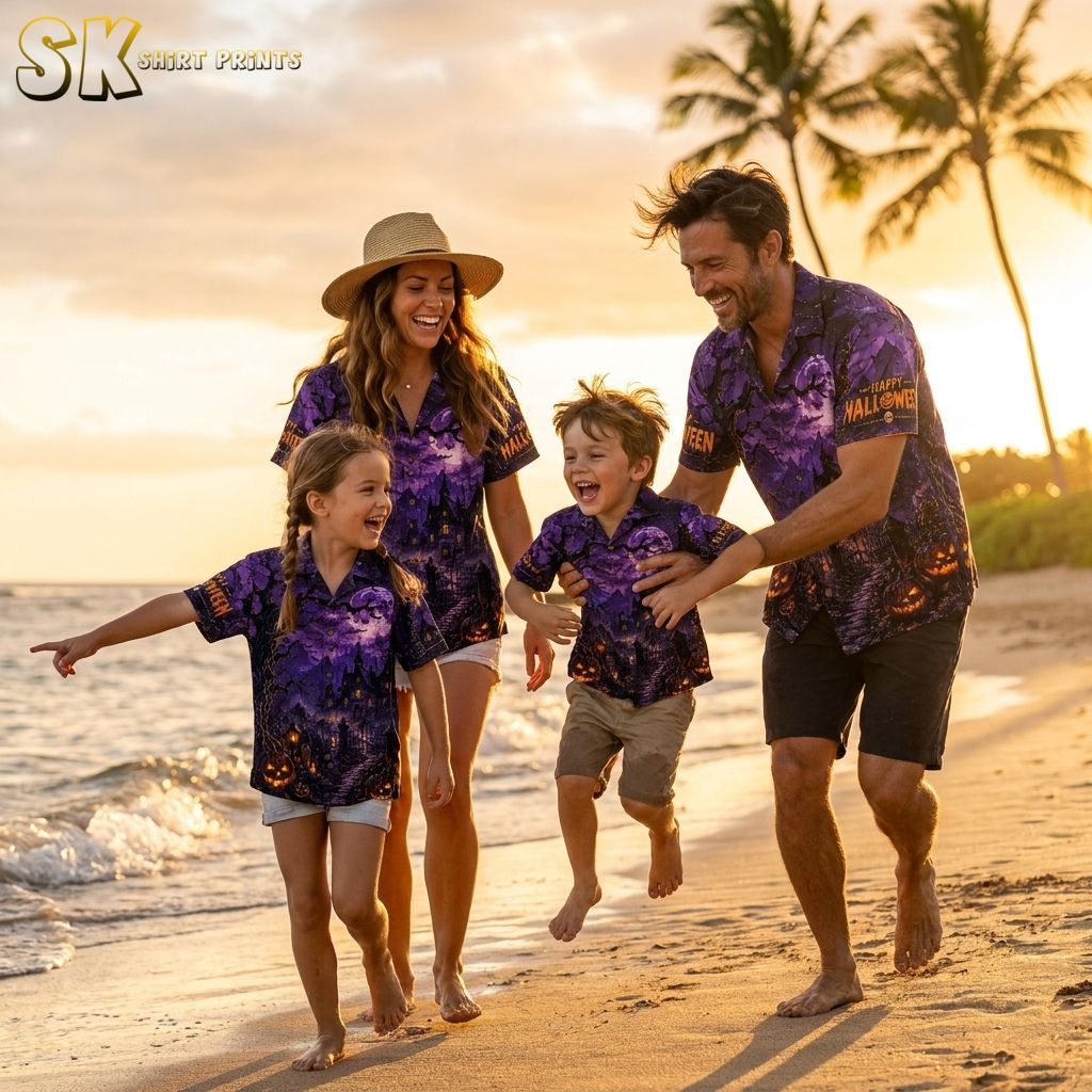 Family wearing matching Halloween Hawaiian shirts with spooky castle, full moon, glowing jack-o'-lanterns, bats, and barren trees print in purple and orange, photographed on a golden beach