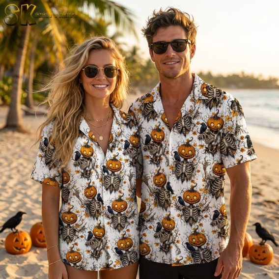 Couple wearing Halloween costumes with Hawaiian shirts printed with skeleton pumpkin-head figures, black crows, and autumn leaves, showing all available color options