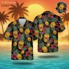 Ghost mannequin display of a black Hawaiian shirt costume featuring skull-faced pineapples with sunglasses, tropical leaves, and pink and yellow flowers
