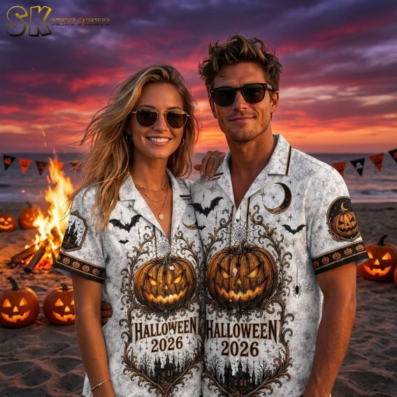 Couple wearing Halloween aloha shirts from the full color collection, showing carved pumpkin, bats, spider webs, and gothic haunted house all-over print
