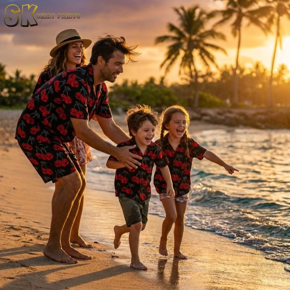 Family wearing black Hawaiian shirts with red cherry skull print on golden beach, halloween costume group look