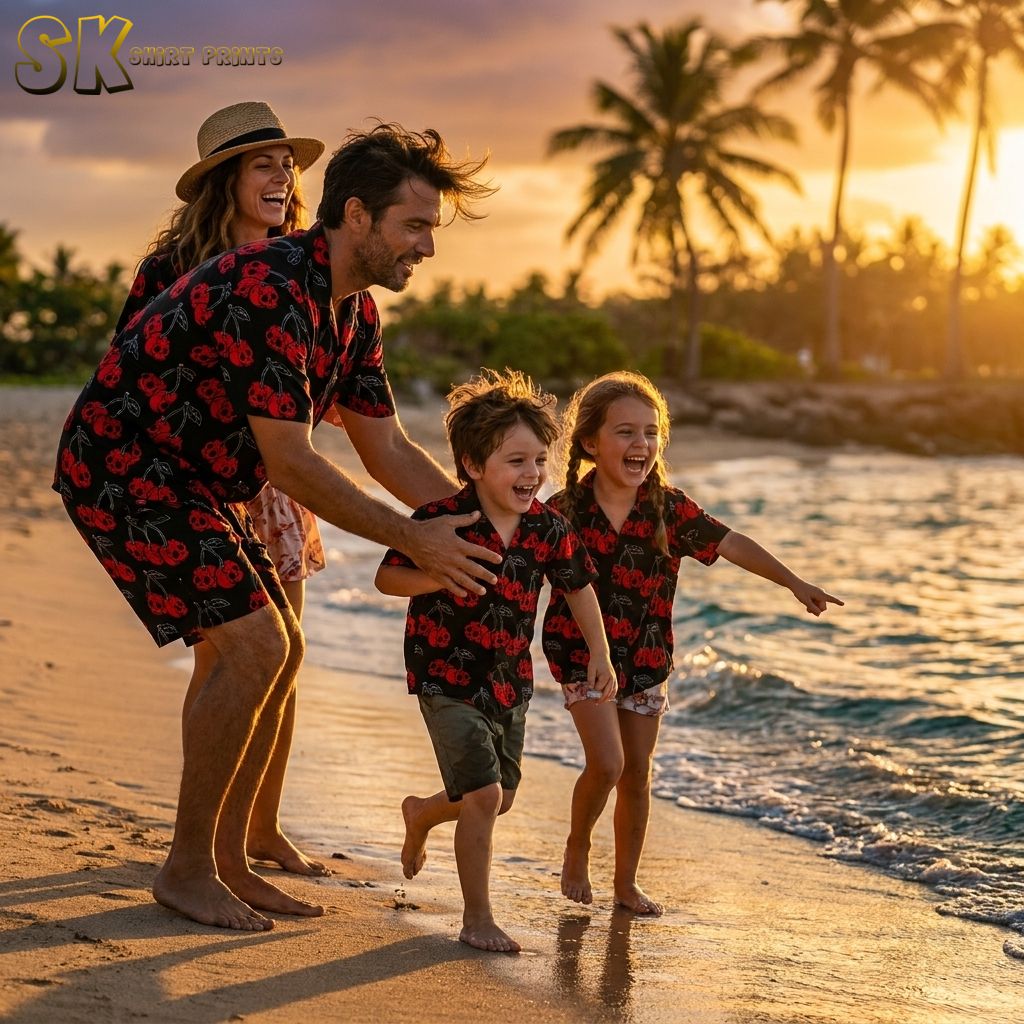 Family wearing black Hawaiian shirts with red cherry skull print on golden beach, halloween costume group look
