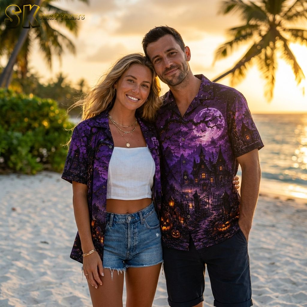 Collection of Hawaiian shirts for Halloween costumes displayed together, featuring spooky castle, full moon, jack-o'-lanterns, bats, and barren trees in purple and orange Halloween prints