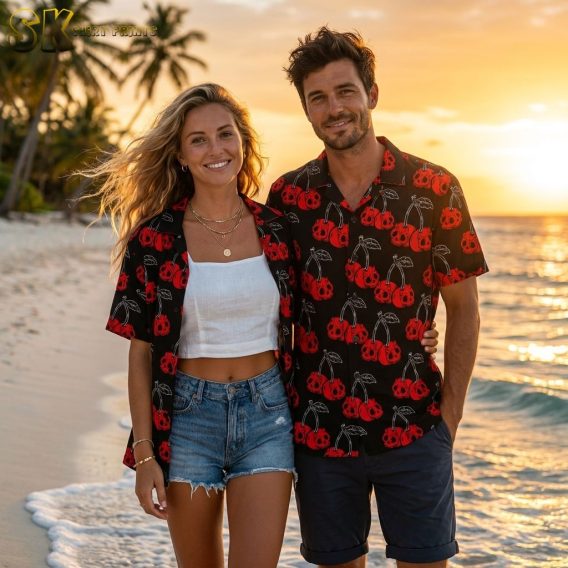 Collection of Hawaiian shirts with cherry skull pattern shown on couple at golden hour, halloween costume options