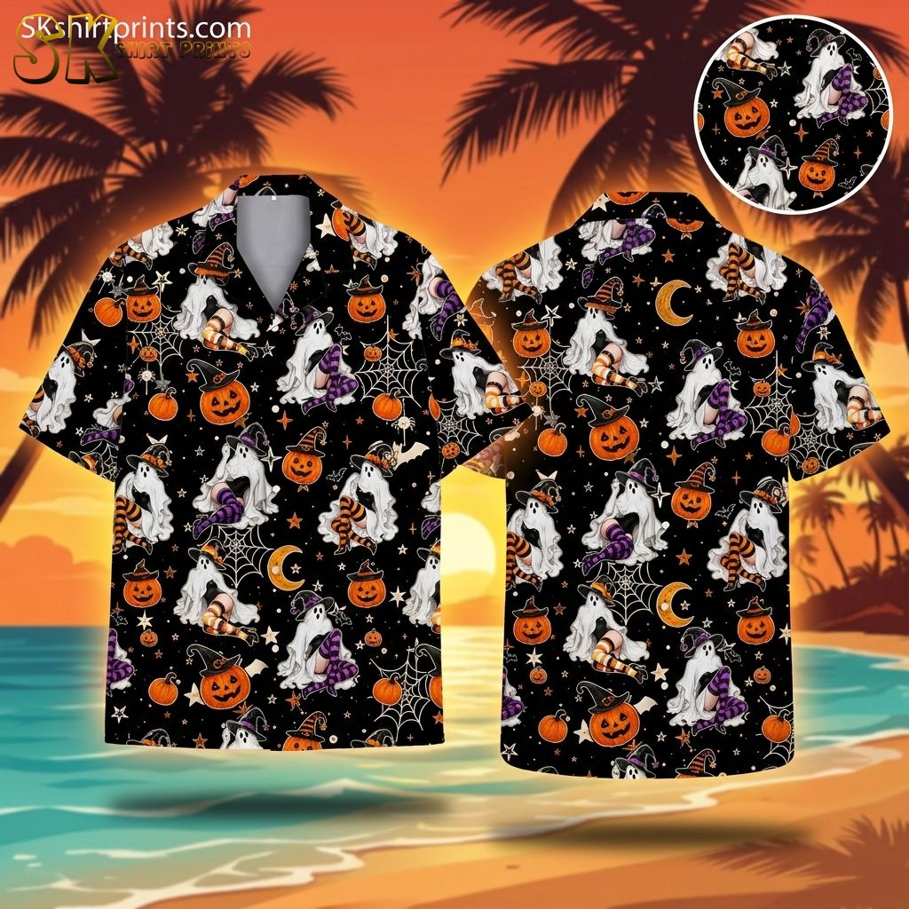 Ghost mannequin view of a Halloween costume Hawaiian shirt with ghosts in witch hats, jack-o-lanterns, bats, spiderwebs, and candy corn on a black background