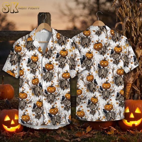 Halloween costume Hawaiian shirt with skeleton figures wearing jack-o'-lantern heads, black crows, and autumn leaves pattern, shown on ghost mannequin