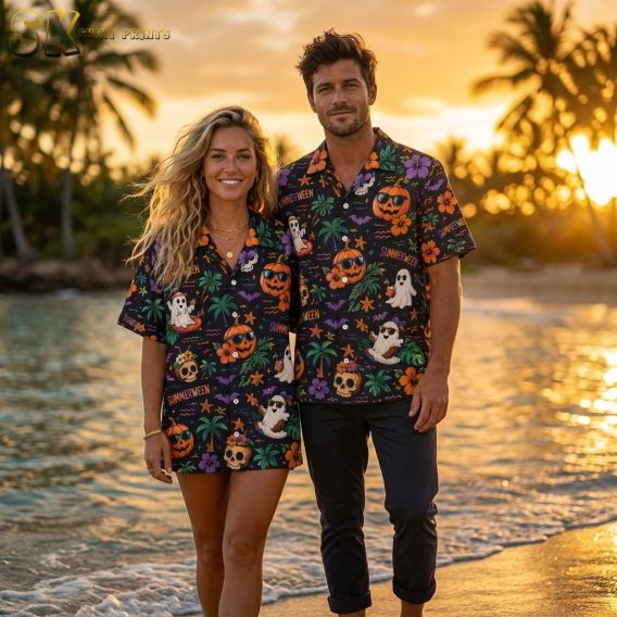 Halloween costumes with a Hawaiian shirt featuring the Summerween print in all available colors, shown on a couple during golden hour cinematic lighting with ghosts, jack-o'-lanterns, hibiscus, and palm tree pattern visible