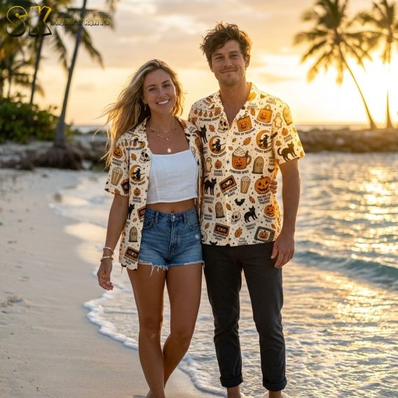 Couple wearing Halloween Hawaiian shirts in multiple color variants at golden hour, featuring pumpkins, witches, ghosts, and skull print patterns