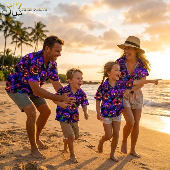 Family wearing matching Halloween Hawaiian shirts with neon glowing skulls, jack-o'-lanterns, spiders, and spider webs on dark background, photographed on beach in cinematic golden hour light