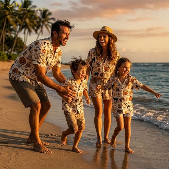 Family wearing matching Halloween Hawaiian shirts on a beach at golden hour, featuring pumpkins, skulls, ghosts, witches, and RIP gravestone print