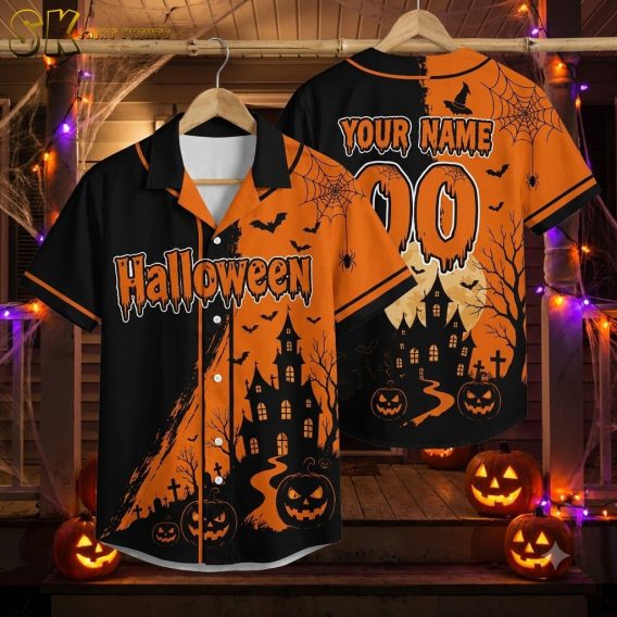 Halloween Hawaiian shirt displayed on ghost mannequin, orange and black pattern with haunted house silhouette, jack-o'-lanterns, bats, spider webs, and bare trees