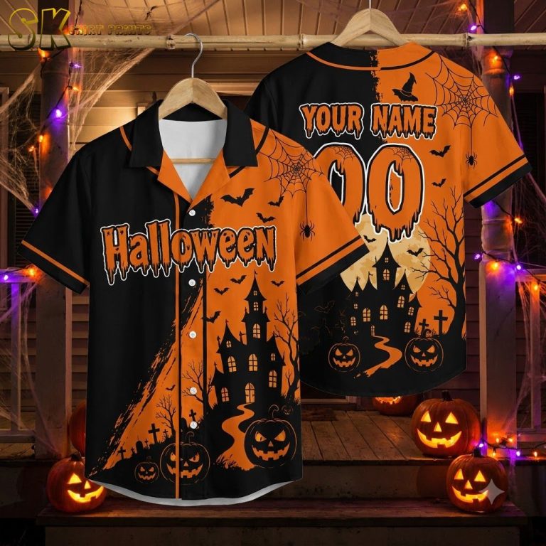 Haunted House Halloween Hawaiian Shirt with Bats, Pumpkins & Spooky Font