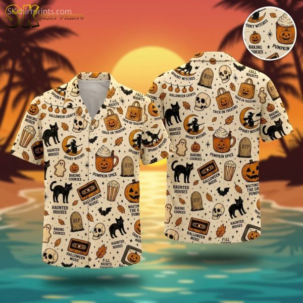 Halloween Hawaiian Shirt with Pumpkins, Witches & Spooky Treats — Men's Button-Down