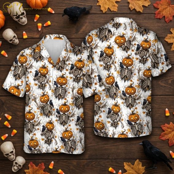 Flat lay display of a Halloween Hawaiian shirt showing full pattern detail with skeleton figures wearing jack-o'-lantern heads, black crows, and autumn leaves
