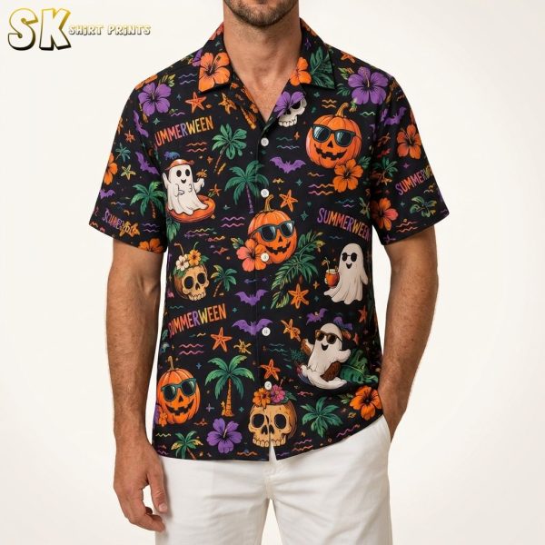 Mens Halloween Hawaiian Shirt – Summerween Ghost & Jack-o'-Lantern Print