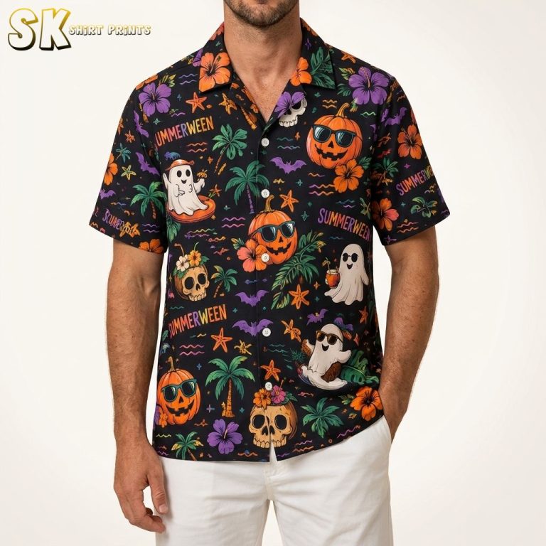 Mens Halloween Hawaiian Shirt – Summerween Ghost & Jack-o’-Lantern Print