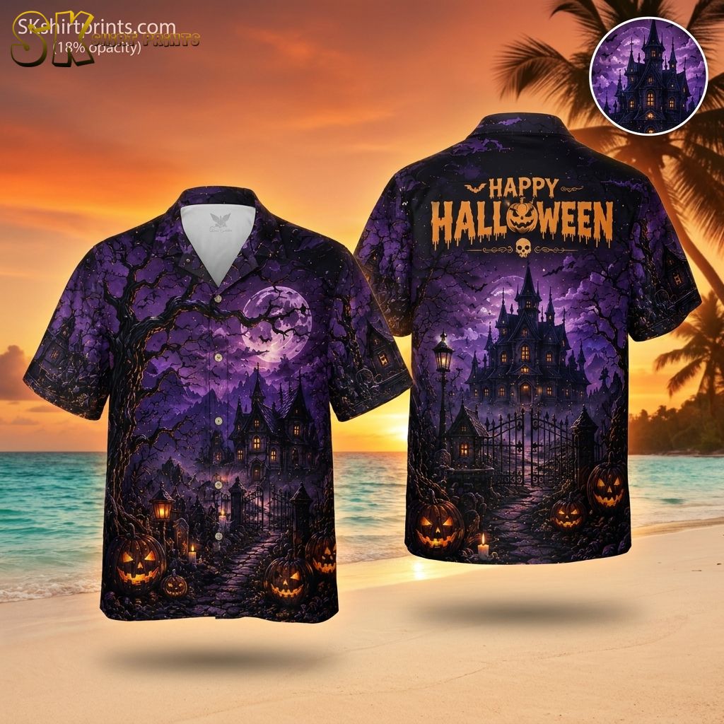 Hawaiian shirt with Halloween costume design featuring a spooky castle under a full moon, glowing jack-o'-lanterns on a cobblestone path, barren trees, bats, and purple and orange night-scene print