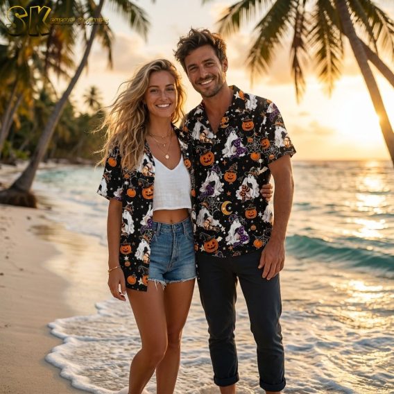 Couple wearing Halloween Hawaiian shirts printed with ghosts, pumpkins, bats, and spiderwebs during golden hour, showing multiple color options from the collection