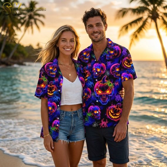 Collection of Hawaiian shirts with Halloween prints including neon skulls, jack-o'-lanterns, and spider webs, shown on couple in golden hour cinematic lighting