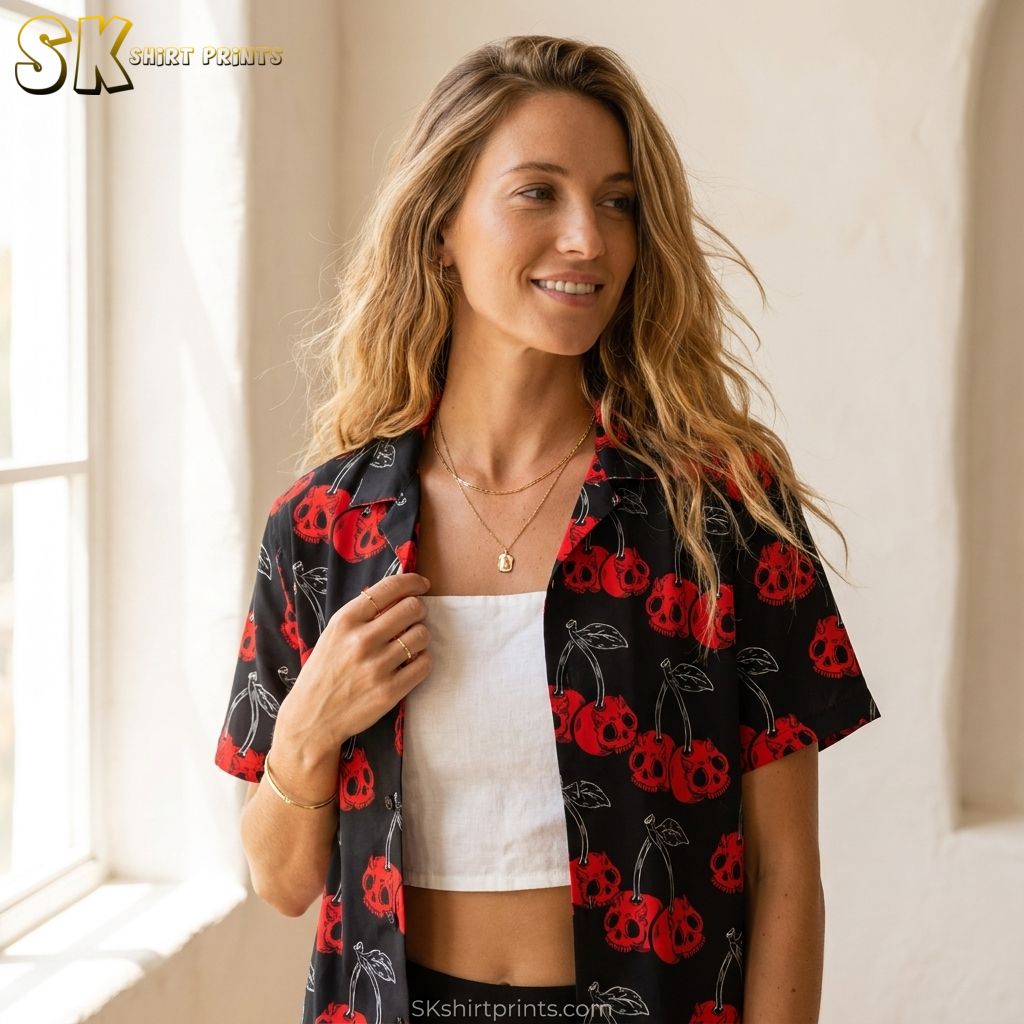 Female lifestyle closeup of black Hawaiian shirt with red cherry skull pattern, halloween costume idea