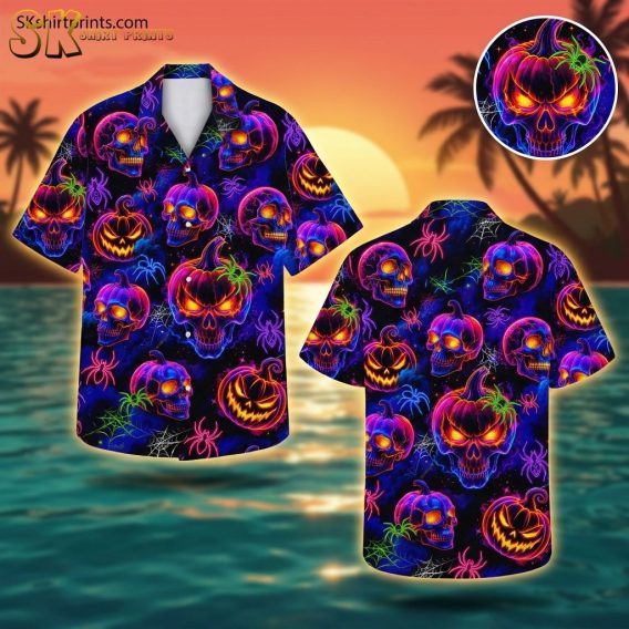 Hawaiian shirt with neon glowing skulls, jack-o'-lanterns, spiders, and spider webs on a dark background, displayed on ghost mannequin at sunset beach setting