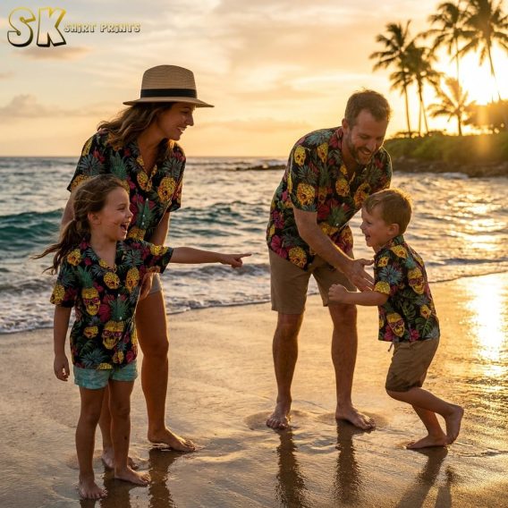 Family wearing black Hawaiian shirts with skull pineapple and tropical flower print as Halloween costumes, photographed on a golden-lit beach in cinematic style