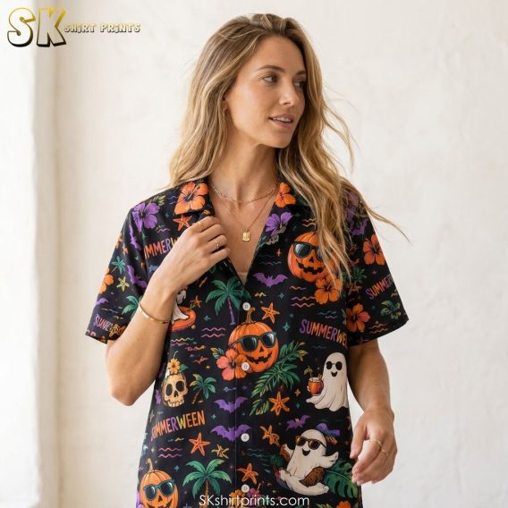 Closeup lifestyle photo of a female model wearing a Summerween Hawaiian shirt with visible ghost in sunglasses, hibiscus flowers, jack-o'-lanterns, and palm tree print, styled as a Halloween costume idea