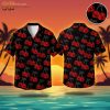 Black Hawaiian shirt with red cherry skull print pattern, ghost mannequin view, halloween costume idea
