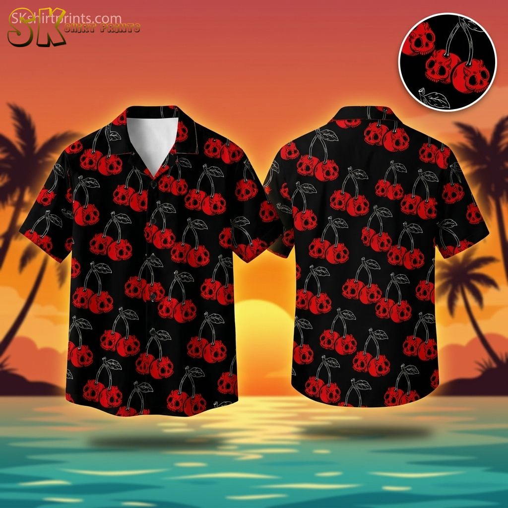 Black Hawaiian shirt with red cherry skull print pattern, ghost mannequin view, halloween costume idea