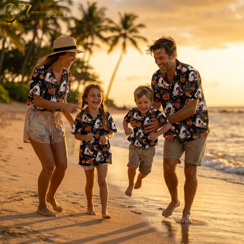 Family wearing matching Halloween Hawaiian shirts with ghosts, jack-o-lanterns, bats, and spiderwebs photographed on a beach during golden hour
