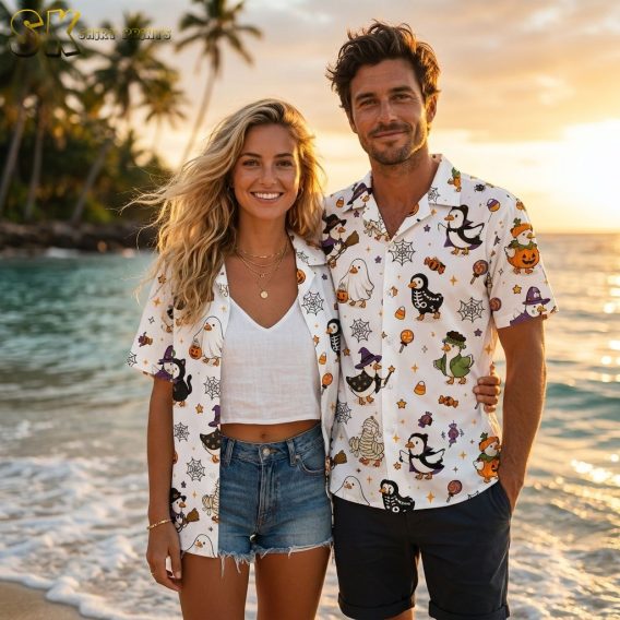 Collection of mens Halloween Hawaiian shirts featuring cartoon ducks in witch, ghost, skeleton, and Frankenstein costumes with pumpkins and spider webs, shown across multiple color variations at golden hour.