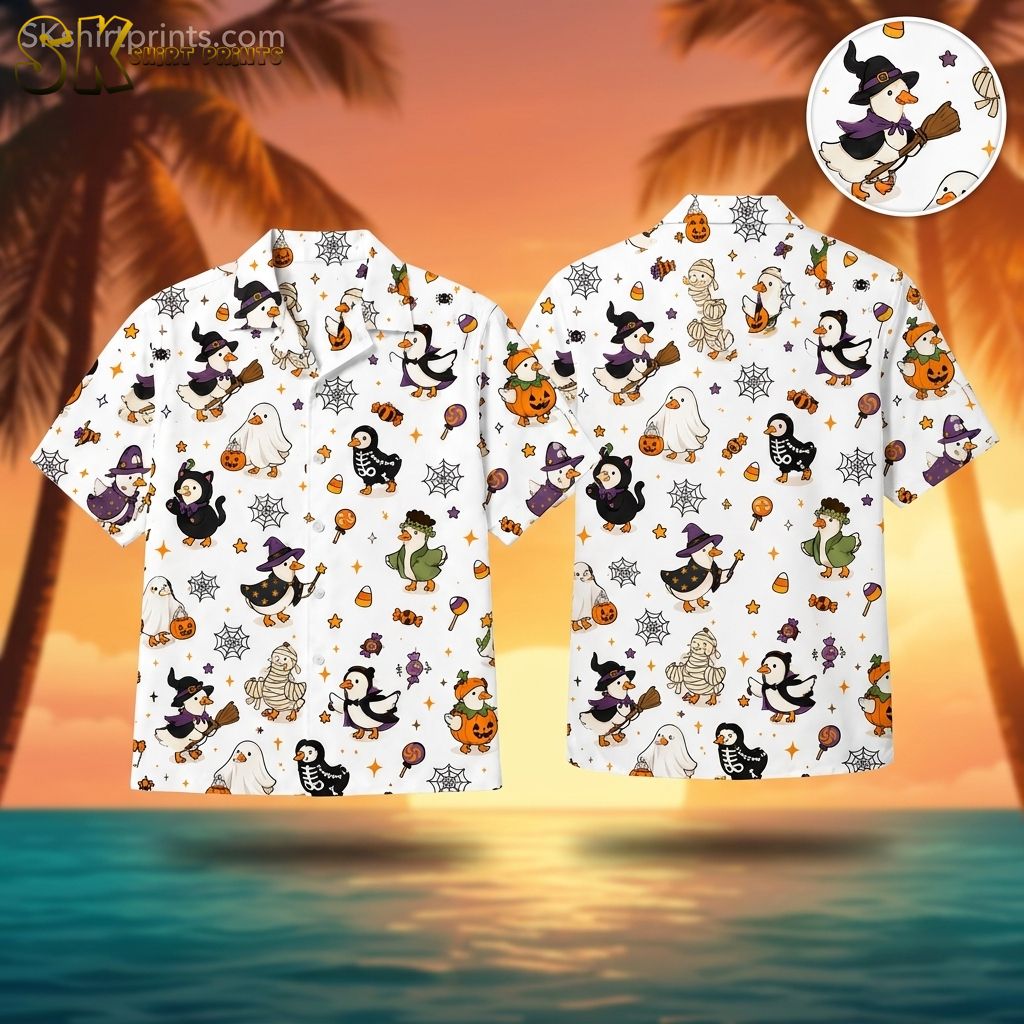Mens Halloween Hawaiian shirt featuring cartoon ducks dressed as witches, skeletons, mummies, ghosts, and Frankenstein with pumpkins, spider webs, and candy on an orange, black, and purple background.