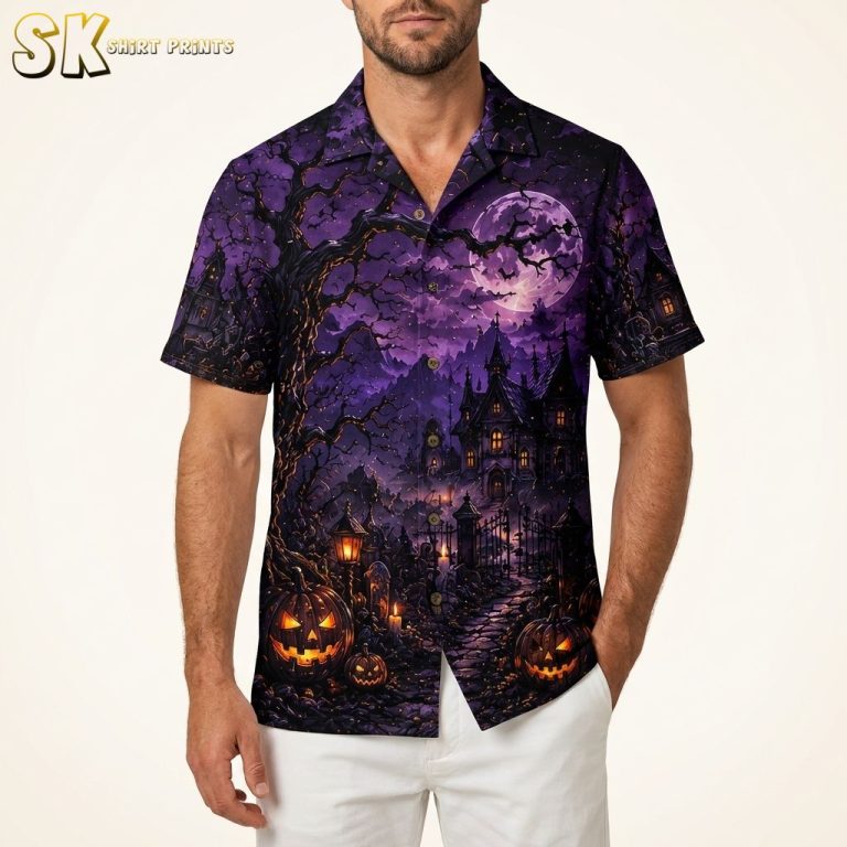 Halloween Hawaiian Shirt – Haunted Castle Full Moon Jack-O’-Lantern Print