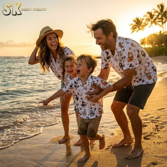 Family cinematic golden-hour beach photo featuring mens Halloween Hawaiian shirts with cartoon duck Frankenstein, mummy, witch, and skeleton print in orange, black, and purple.