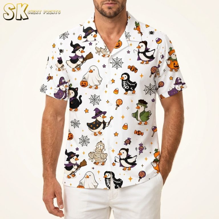 Mens Halloween Hawaiian Shirt – Cartoon Ducks in Halloween Costumes