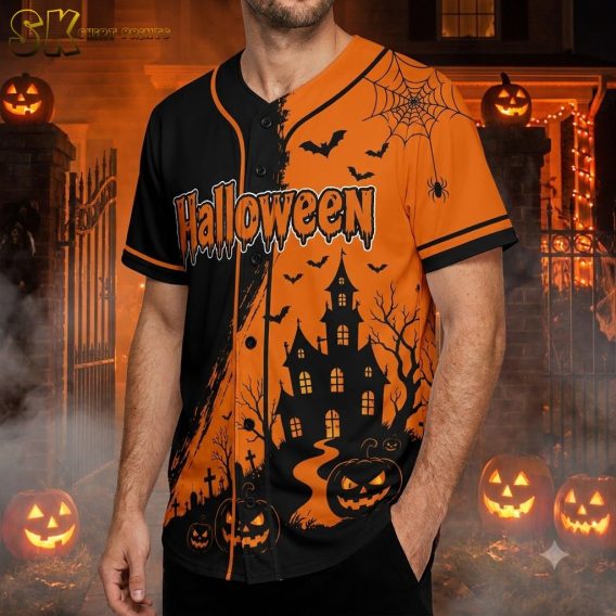 Male model wearing a mens Halloween Hawaiian shirt with orange and black haunted house, bats, spider webs, and jack-o'-lantern pattern